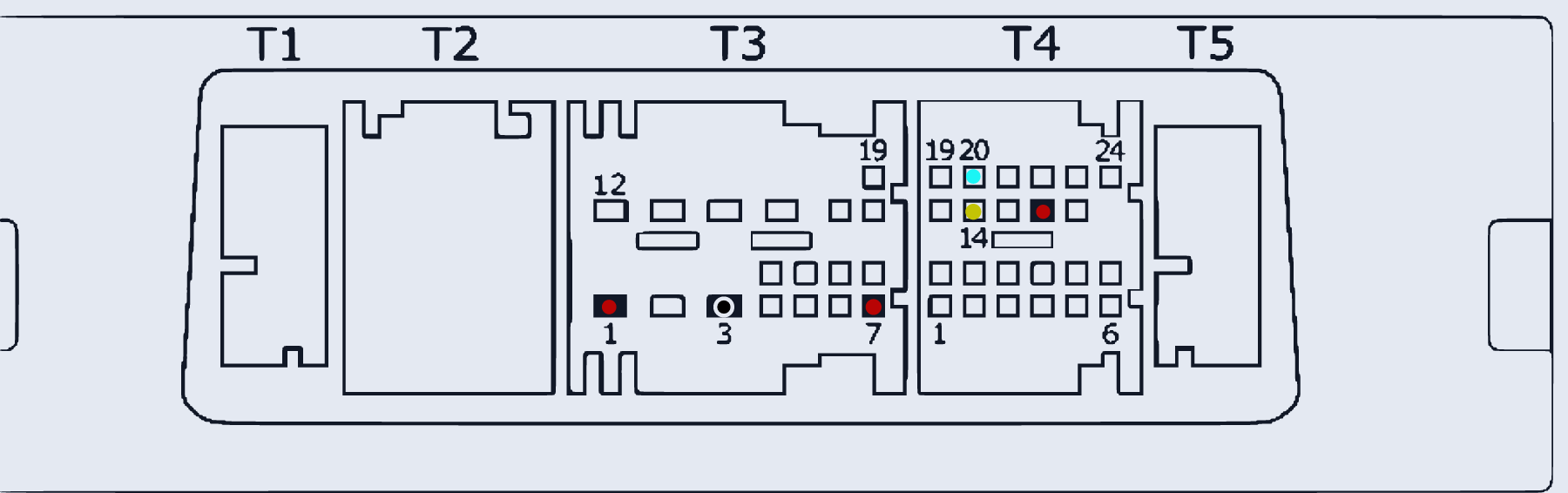 Распиновка GA6F21WA TCU (version 2, T1-T5 letter-grid) — схема разъёма