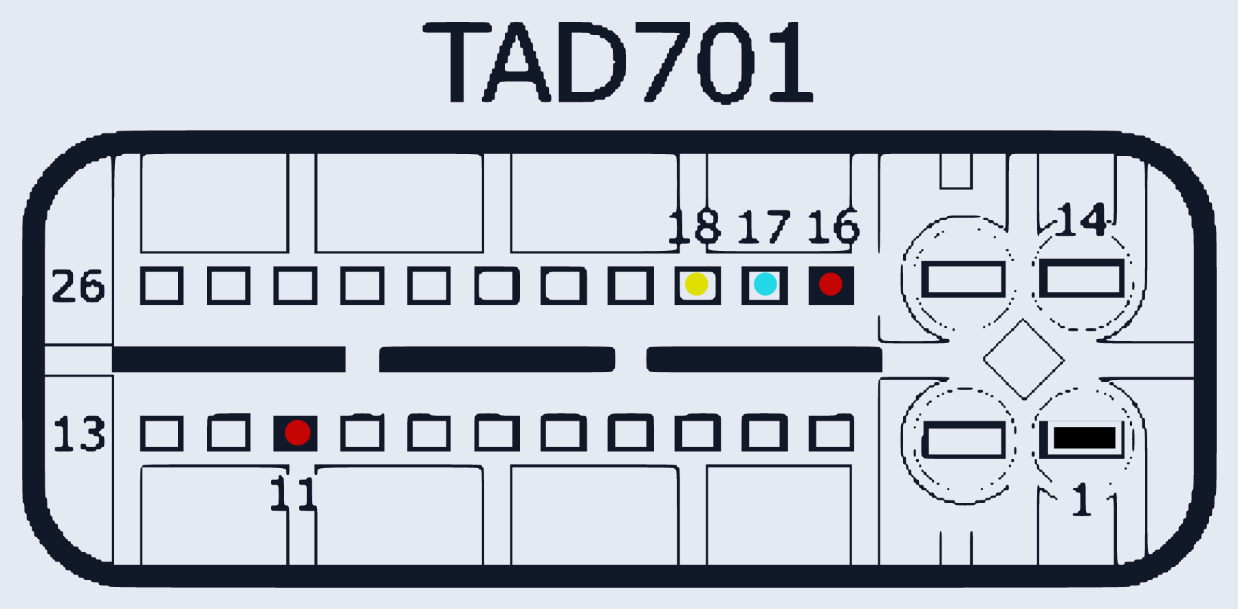 Распиновка D7UF1-2/D7F34-2/D8LF1 TCU (TAD701/TAD801, Hyundai) — схема разъёма